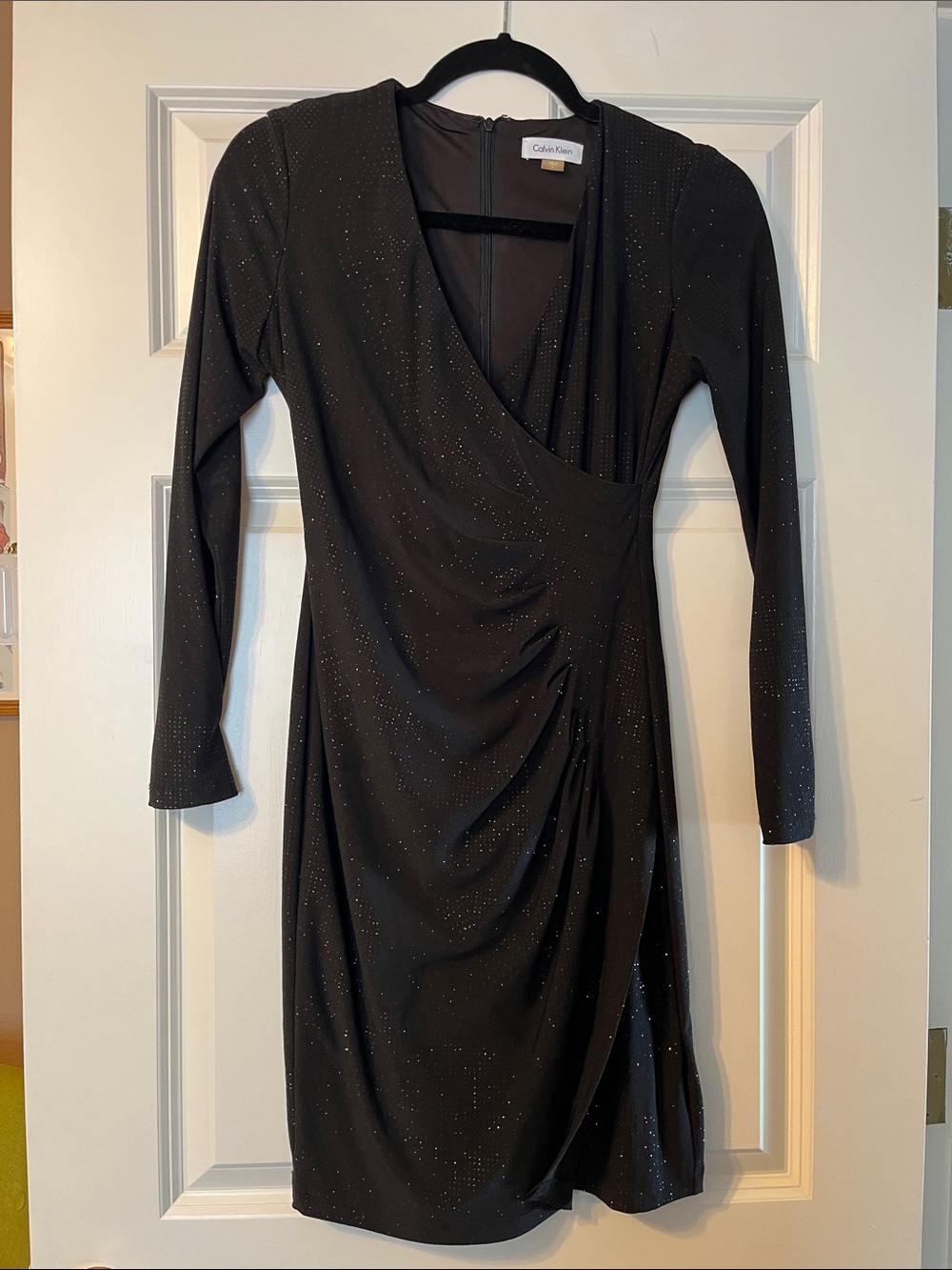 Calvin Klein Black Sparkle Ruched Faux-Wrap Dress